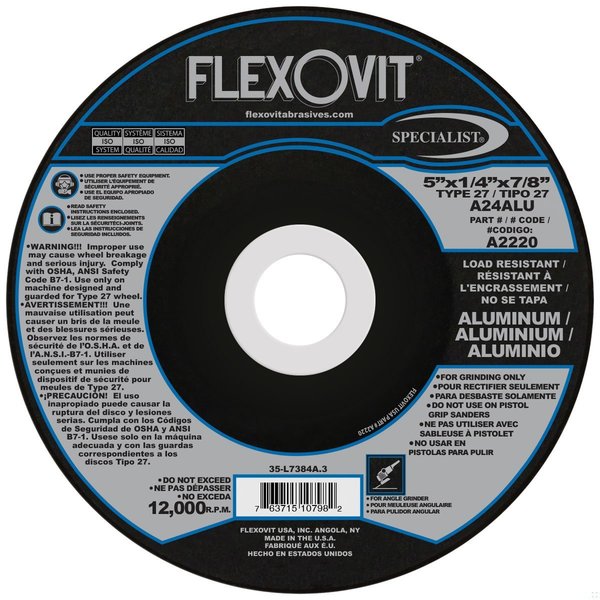 Flexovit SPECIALIST Type 27 Depressed Center Cut-Off Wheel, 5 in Dia x 1/4 in THK, 7/8 in Center Hole, A24 Gr A2220